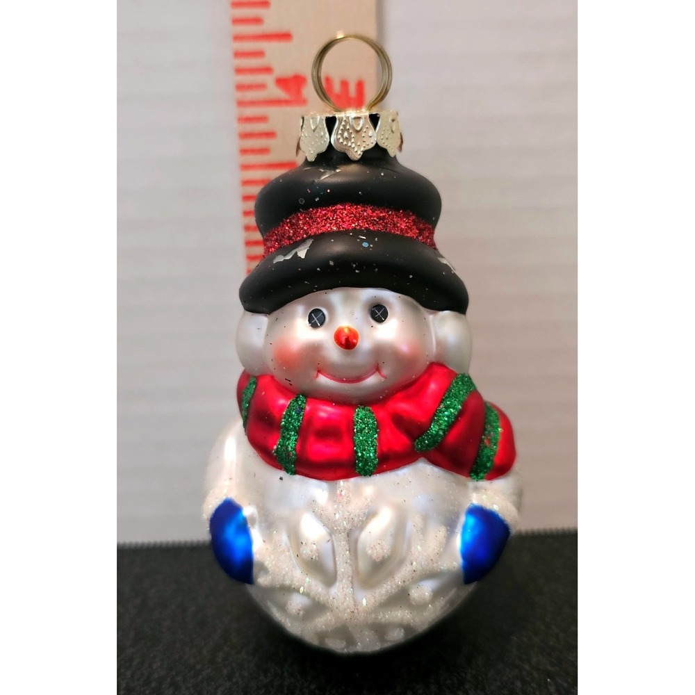 Vtg Glass Snowman Christmas Ornament Top Hat Red Scarf Blue Mittens Glitter